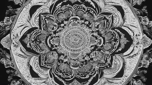 Un fascinante mandala estampado en blanco y negro que muestra detalles intrincados.