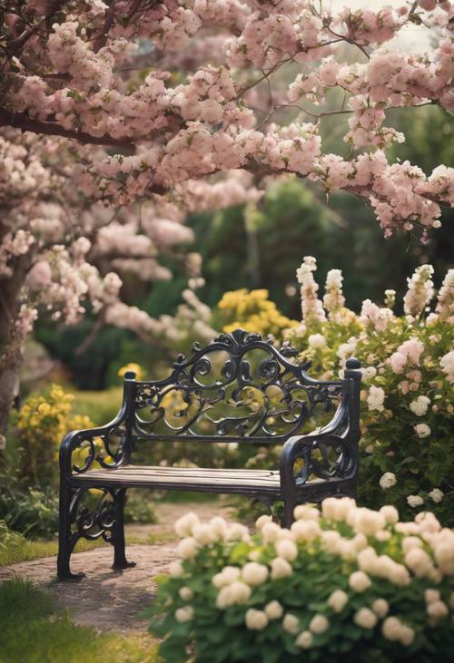 Eine Vintage-Bank aus Schmiedeeisen, umgeben von blühenden Blumenbüschen in einem ruhigen Garten im Cottagecore-Stil.