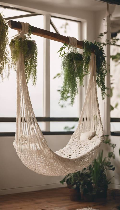 Una hamaca tejida a crochet blanca colgada en un balcón moderno de estilo boho lleno de plantas colgantes y luces de hadas.