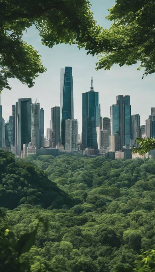 A stark contrast of a modern city skyline seen behind a lush, green forest canopy