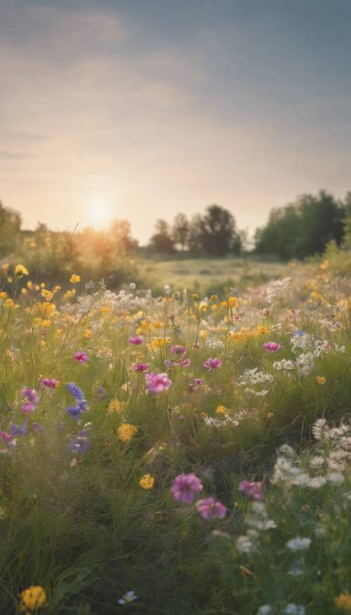 A cena tranquila de um prado primaveril ao amanhecer, com flores silvestres desabrochando adicionando sutis toques de cor à paisagem minimalista.