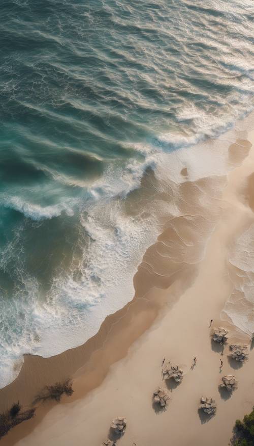 Yüksek gelgit sırasında doğal bir tropik sahile vuran dalgaların havadan görünümü