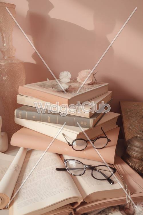 Pile de livres rose tendre avec des lunettes et des fleurs