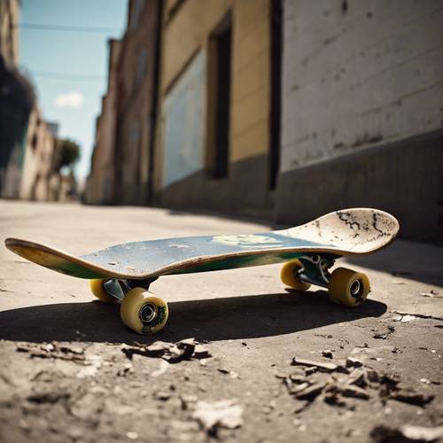 A weathered skateboard discarded in an alley after a summer of heavy usage.