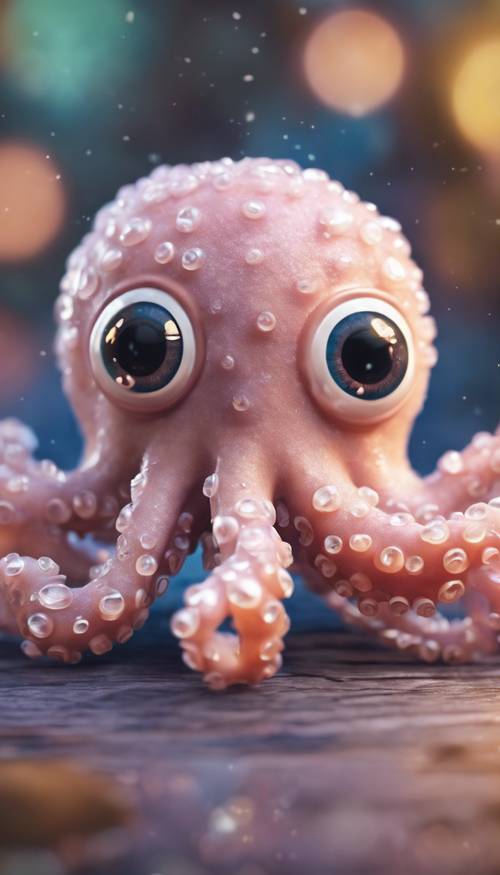 Illustration of a fluffy cartoon octopus, painted pastel colors, with big sparkly eyes. Tapeta [2b35ef6890dd429d817b]