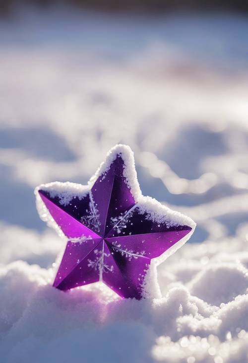 Un élément décoratif de Noël en forme d&#39;étoile violette se reflétant sur la neige blanche fraîche.