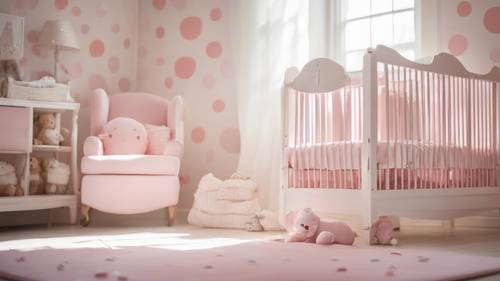 An adorable white and pink polka dot nursery room with soft sunlight pouring in