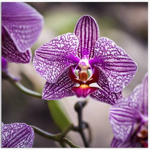 Eine aus nächster Nähe aufgenommene violette Orchidee, bei der das komplizierte Lippenmuster im Mittelpunkt steht.