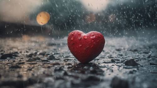 A shattered heart in the midst of a gloomy rainy background.