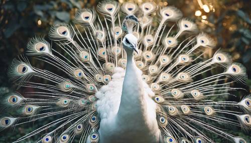 An ethereal white peacock with its plumage spread full in a moonlit garden. Tapet [39649509d62a45bebee9]
