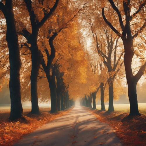 A fiery autumn scene of a tree-lined country road with leaves blanketing the ground.