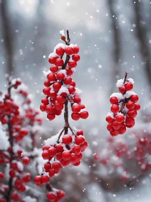 A snowy landscape perfectly punctuated by the scarlet blooms of winter berries.