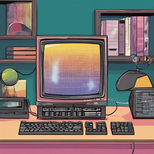 Uma ilustração vetorial de um computador da era Y2K com monitor volumoso e gráficos coloridos.