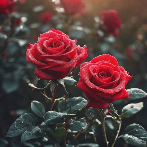 Para splecionych czerwonych róż o płatkach muśniętych rosą w świetle wczesnego poranka.