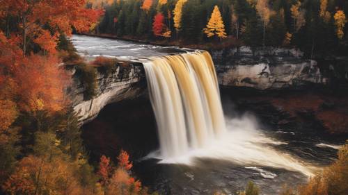 Bogata jesienna paleta kolorów wodospadu Tahquamenon w stanie Michigan.
