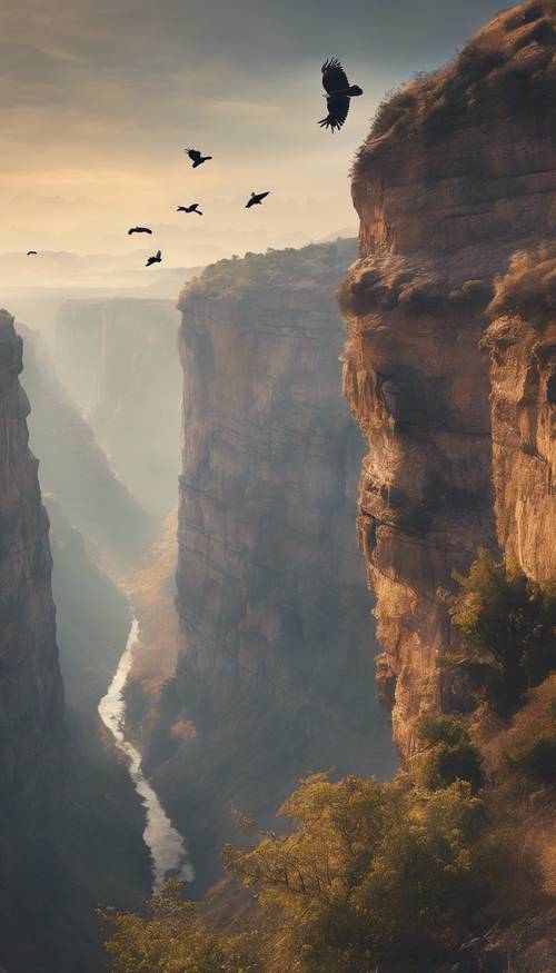 Mattina nebbiosa in un canyon con condor che volteggiano sopra le scogliere