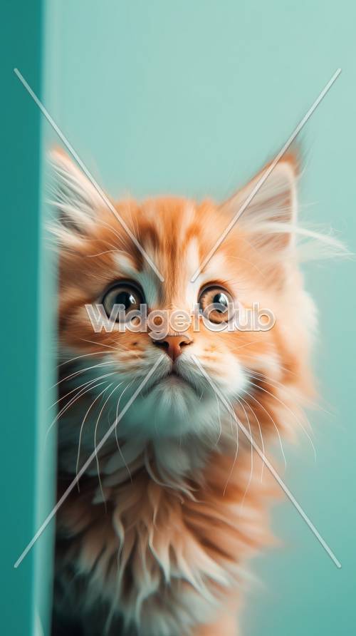 蓝色背景上的可爱橙色小猫