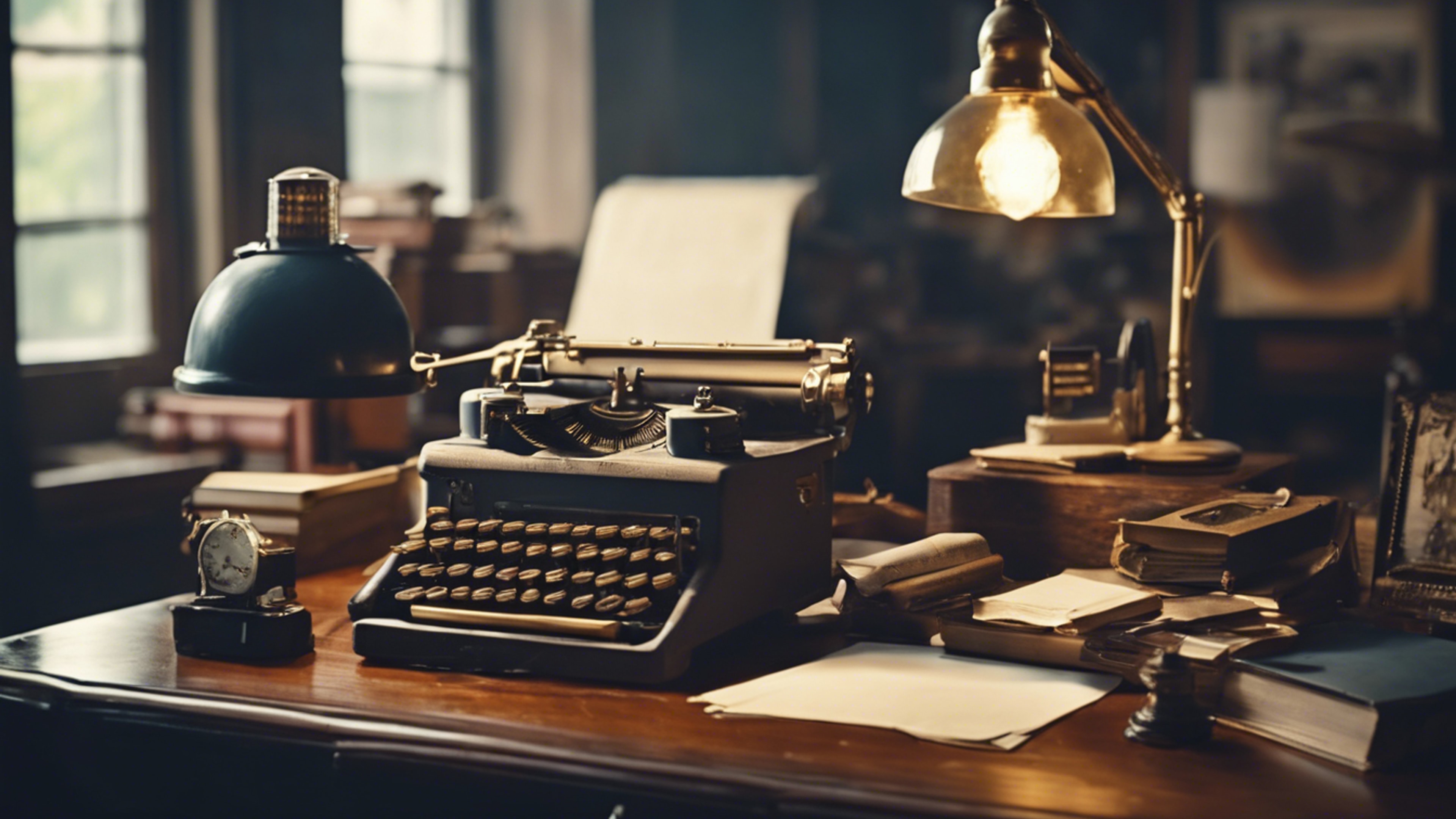 An old-fashioned navy office with a wooden desk, a typwriter and a vintage lamp. Wallpaper[8cb58867731e4823a50e]