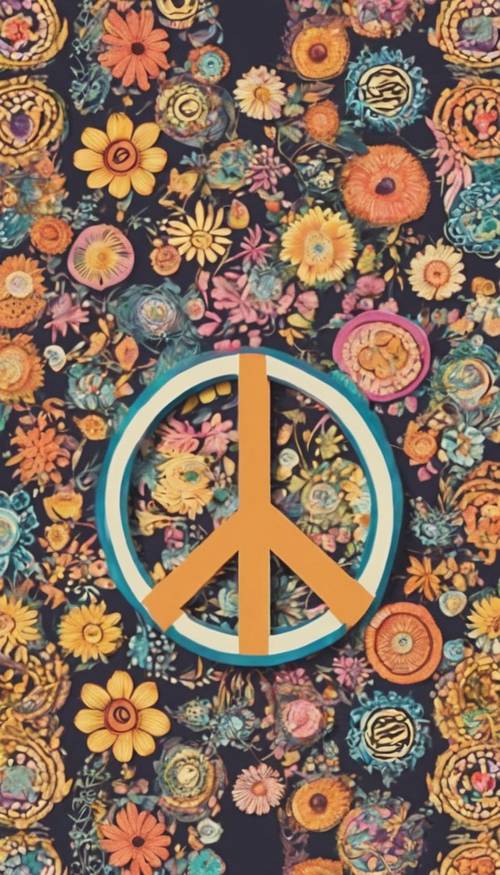 Padrão circular floral estilo hippie com motivos de sinal de paz em meio a um cenário retrô dos anos 60