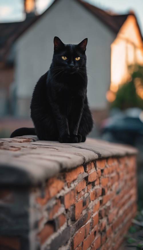 A black cat with a sad face sitting on a brick wall at dusk. Tapet [74d81611e6734136b87c]