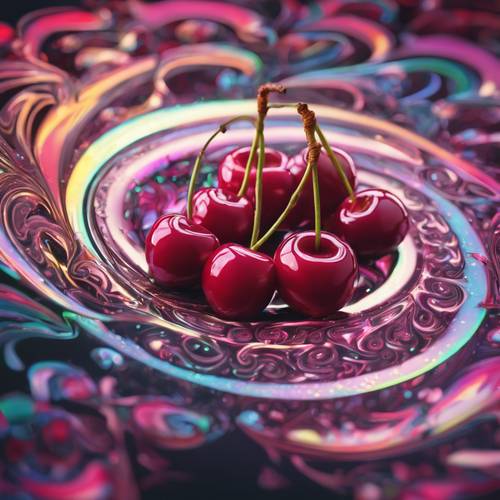 A psychedelic image of a cherry swirling into fractals.