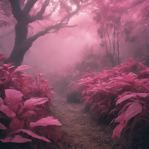 Uma misteriosa selva rosa envolta em neblina matinal.