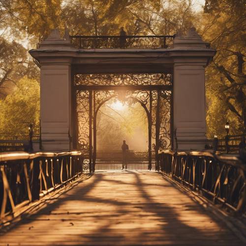 Sebuah jembatan romantis di taman yang diterangi cahaya pagi keemasan yang hangat.