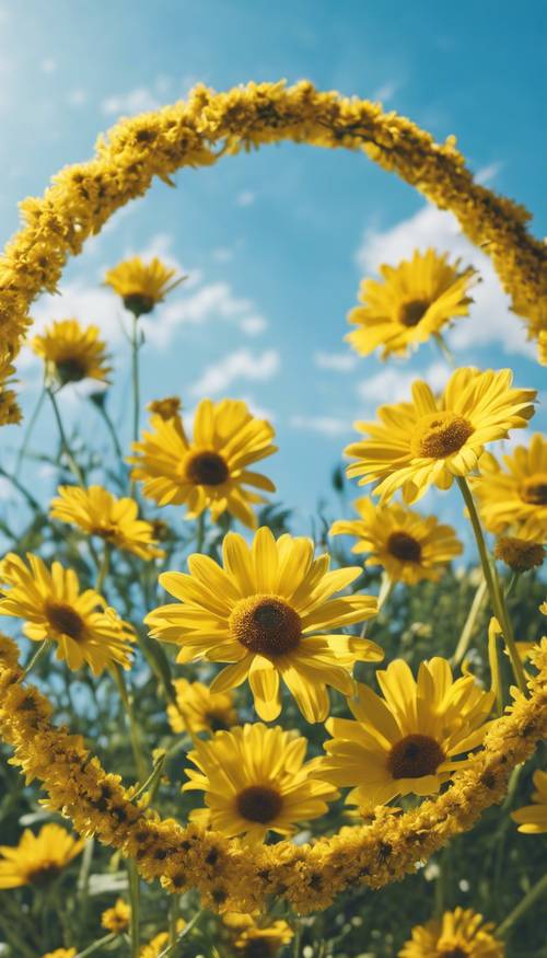 عمل فني دائري مصنوع من زهور الأقحوان الصفراء حول الحافة مع سماء زرقاء صيفية في الخلفية.