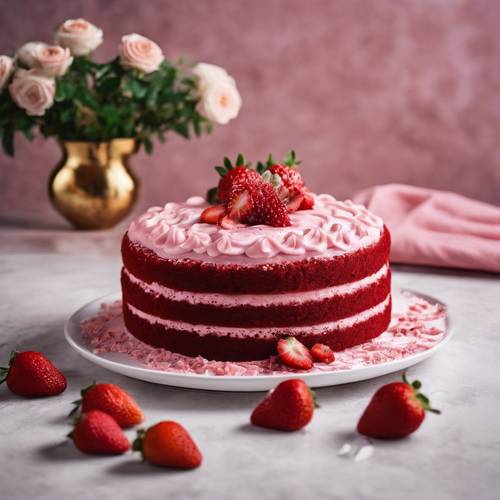An elegant red velvet cake with pink icing, decorated with fresh strawberries.