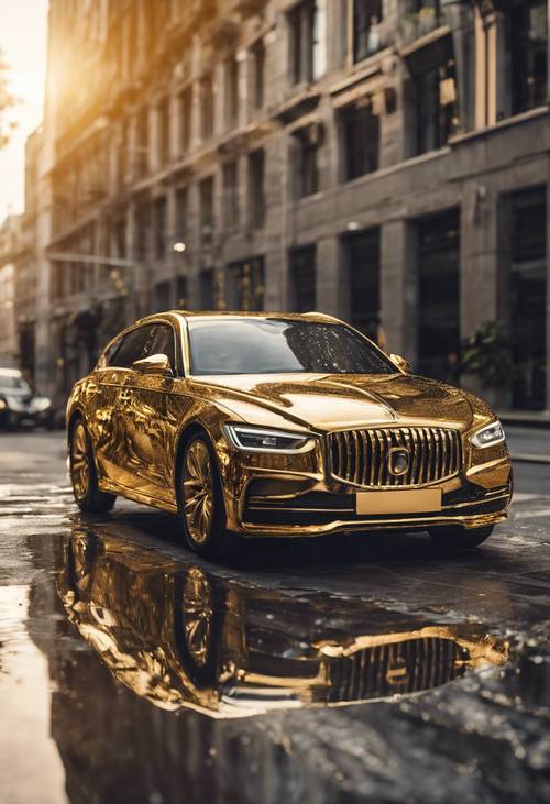 Stilisiertes minimalistisches Poster eines Autos, das vollständig aus flüssigem Gold besteht, in einer modernen Stadtstraße.