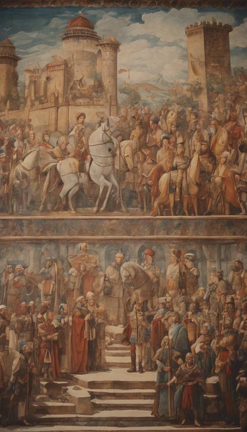 An antique mural displayed in an ancient castle, with detailed depictions of a royal procession.