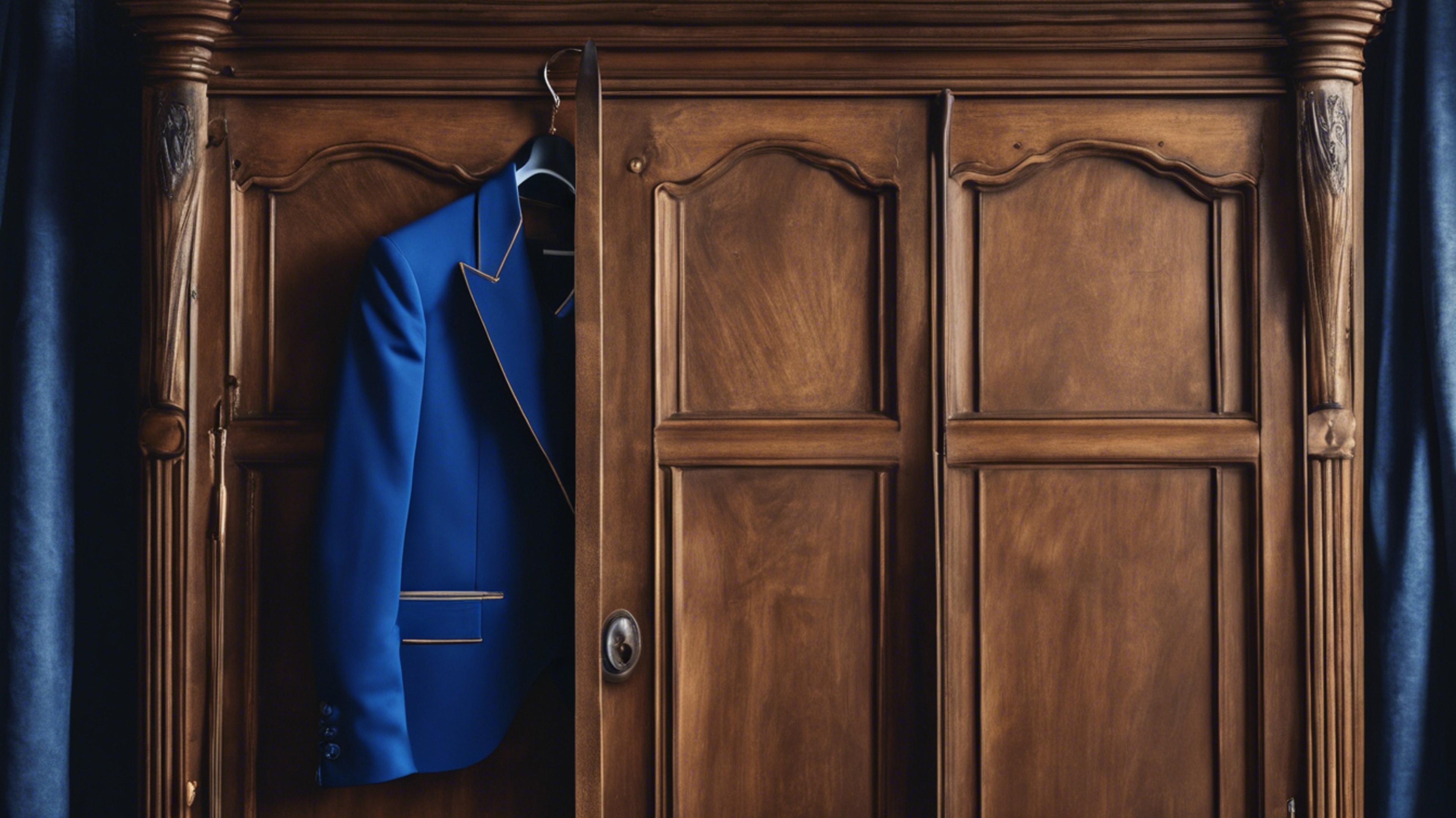 A vintage royal blue tuxedo hanging in a classic antique wardrobe.壁紙[1e18aa866c984257b969]