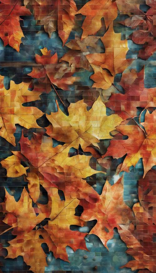 A wall mosaic capturing the aura of fall season with bursts of autumn colors and leaves.