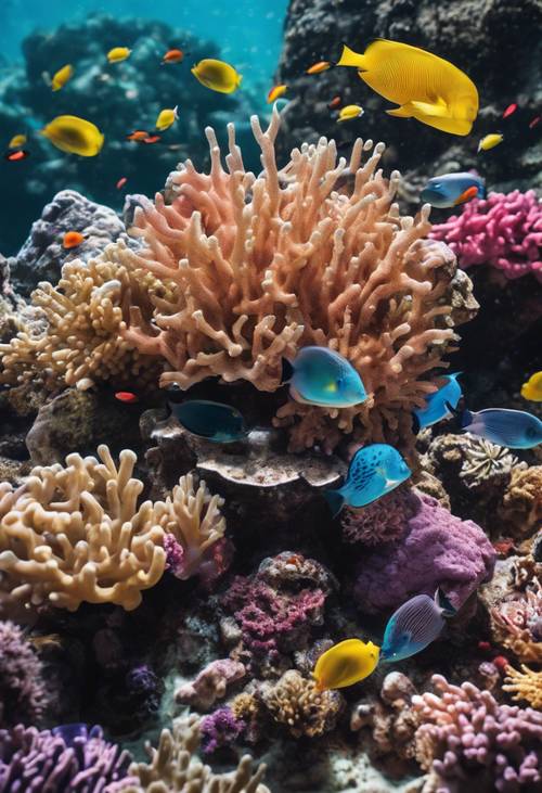 סצנה אקזוטית וטרופית מתחת למים מלאה בשוניות אלמוגים צבעוניות וטבעיות וחיים ימיים מגוונים.