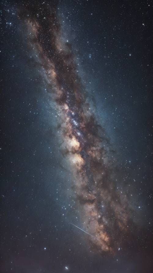 נוף פנורמי עוצר נשימה של גלקסיית שביל החלב עם כוכב נופל חוצה את ליבה.