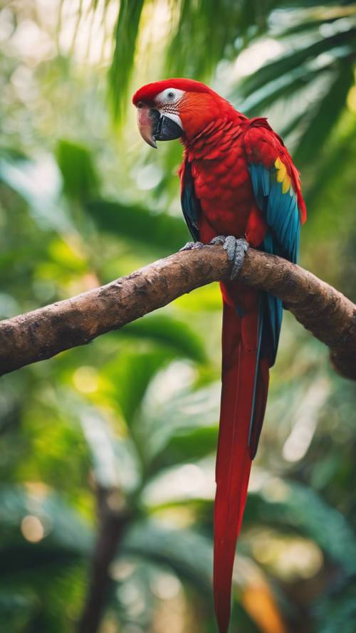 A red parrot perched on a branch in the vibrant, colorful tropical jungle.