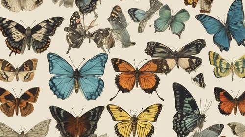 一幅古老植物插图的复制品，其中详细描绘了各种蝴蝶及其生命周期阶段。