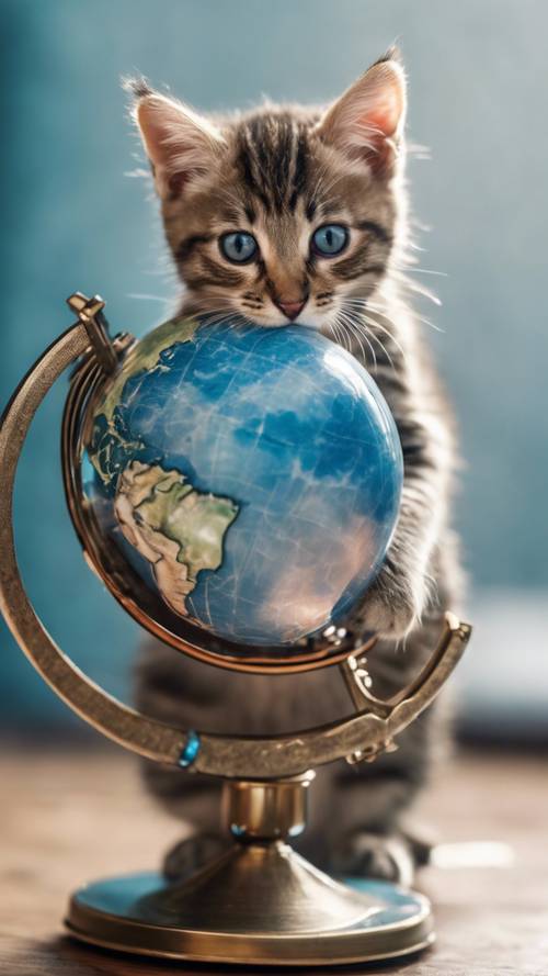 A playful kitten with mixed tabby colors, playing with a miniature handcrafted globe resembling the Blue Marble.