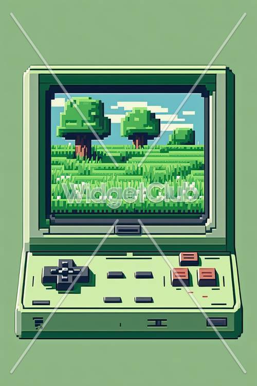 Ретро-зеленая игровая консоль с пиксельной лесной сценой