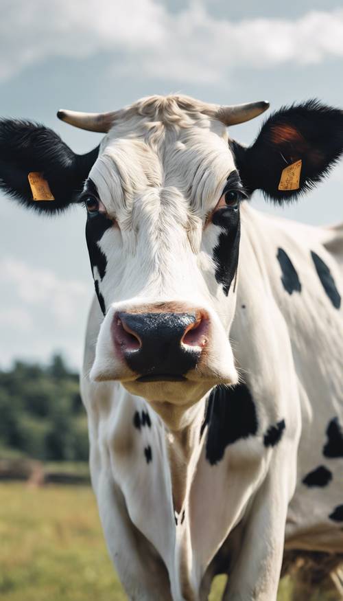 An up-close look at a white cow with unique black patches, the animal print looks like a map. Tapeta [07764b785cb14a77bff4]