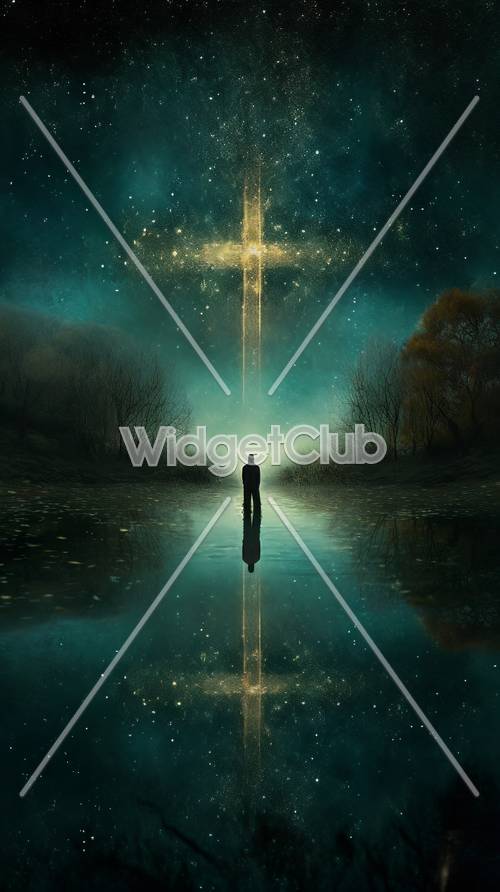 Scena nocna w mistycznym lesie z odbiciem krzyża gwiezdnego