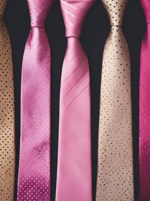 עניבה מוזהבת עם נקודות ורודות מוצגת בצורה מסודרת בחנות יוקרתית לגברים.