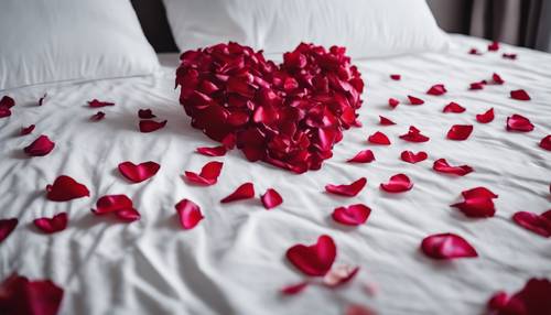 Un cœur rouge fait de pétales de rose, disposé sur un lit blanc immaculé dans un hôtel de luxe.
