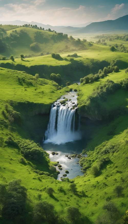 Massive waterfalls cascading down vibrant grasslands on a green planet. Wallpaper [12150319f7d54e2abe5e]