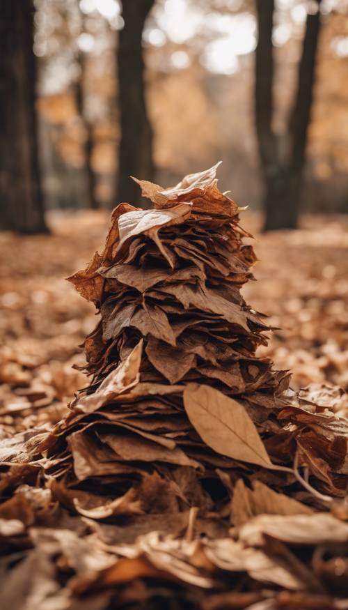 一堆纹理清晰、干枯的棕色树叶堆放在角落里，显示出秋天的迹象。