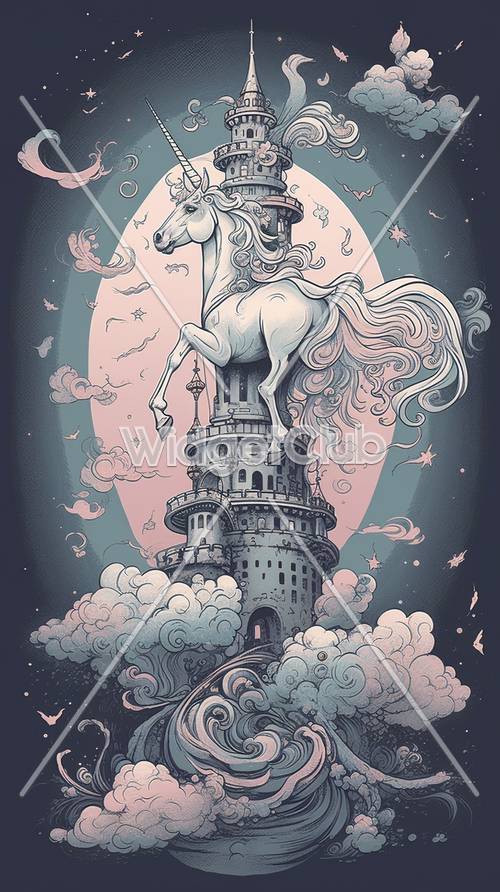 Unicornio mágico y castillo en las nubes.