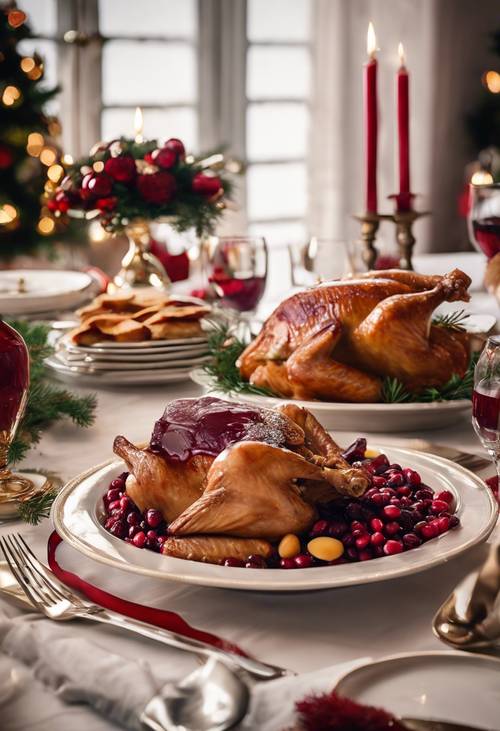 A classic Christmas dinner with a golden-roasted turkey, cranberry sauce, pies, and a festive table setting.