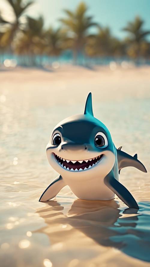 Un adorable tiburón bebé parecido a un dibujo animado nadando en aguas cristalinas de una playa tropical.