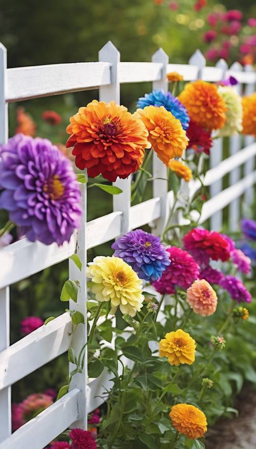 Zinnias in a rainbow of colors adorning a white picket fence. Tapet [2f2e39a597414dfe978f]
