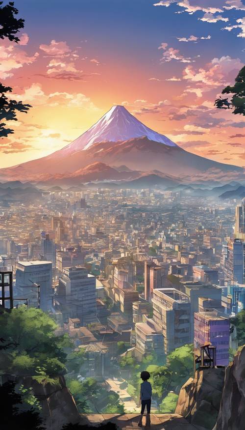 An anime cityscape during a peaceful sunrise, with a silhouette of a mountaintop in the distance.
